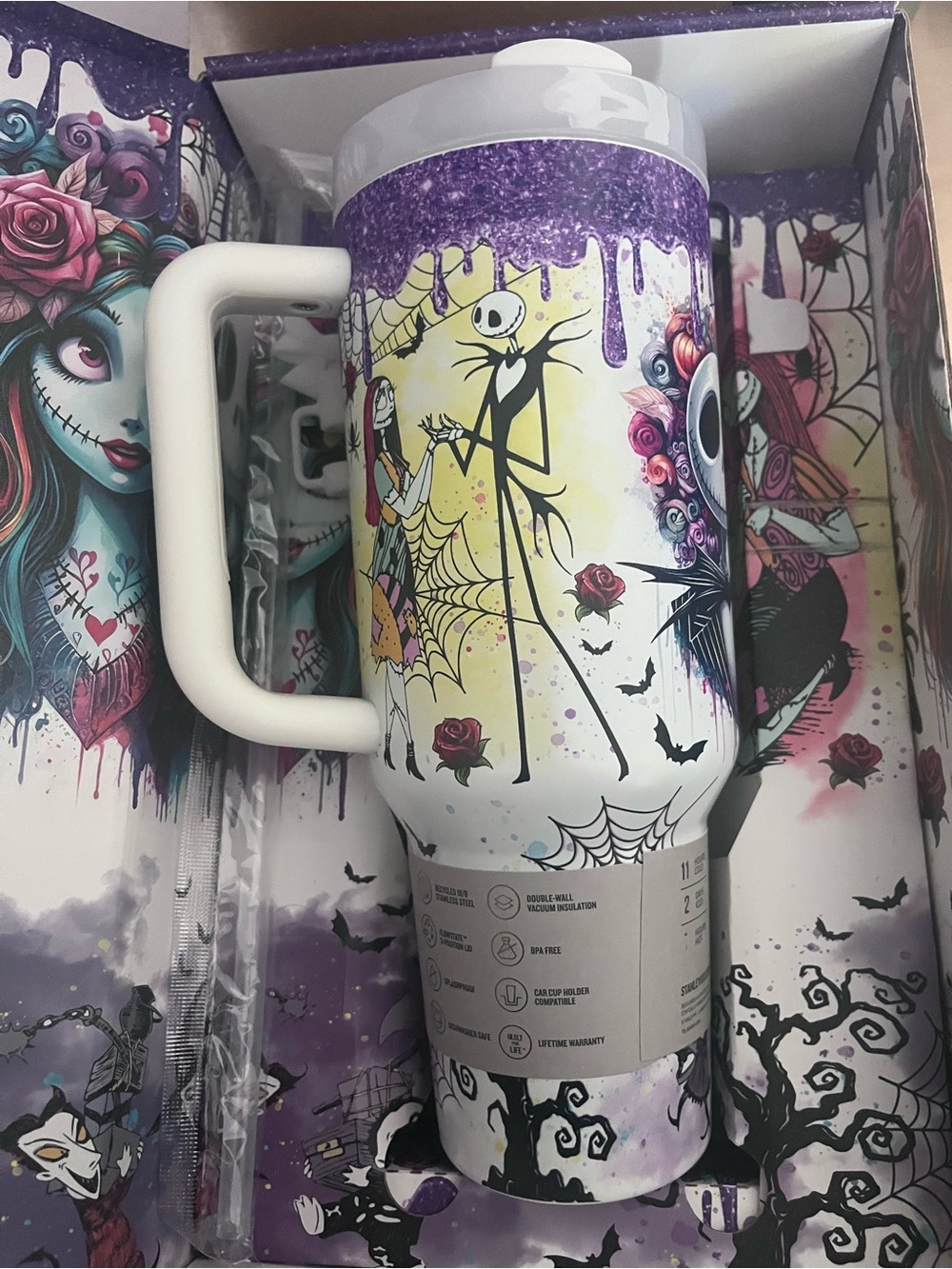 Stanley nightmare before Christmas Purple White Skull & Floral Quencher Tumbler - Picture 5 of 7